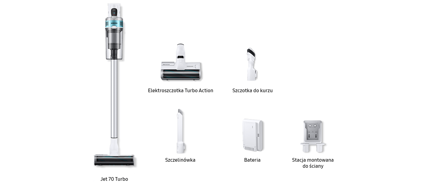 Na zdjęciu widzimy elementy, które otrzymujesz kupując w Media Expert odkurzacz Samsung VS15T7031R1/GE, czyli odkurzacz bezprzewodowy, elektroszczotkę Turbo Action, szczotkę do kurzu, szczelinówkę, baterię oraz stację montowaną do ściany Na zdjęciu widzimy elementy, które otrzymujesz kupując w Media Expert odkurzacz Samsung VS15T7031R1/GE, czyli odkurzacz bezprzewodowy, elektroszczotkę Turbo Action, szczotkę do kurzu, szczelinówkę, baterię oraz stację montowaną do ściany