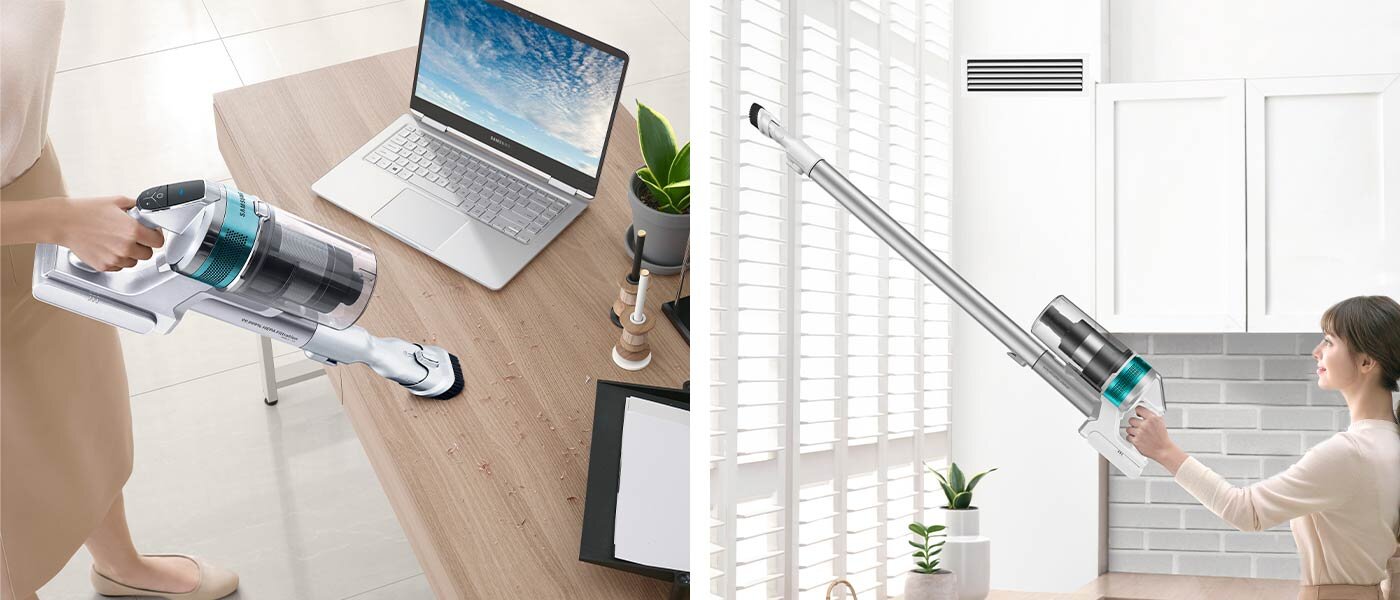kolaż zdjęć obrazujący biało-srebrny odkurzacz bezprzewodowy Samsung Jet 70 turbo sprzątający żaluzje, biurko czy podłogę przy szafkach kolaż zdjęć obrazujący biało-srebrny odkurzacz bezprzewodowy Samsung Jet 70 turbo sprzątający żaluzje, biurko czy podłogę przy szafkach