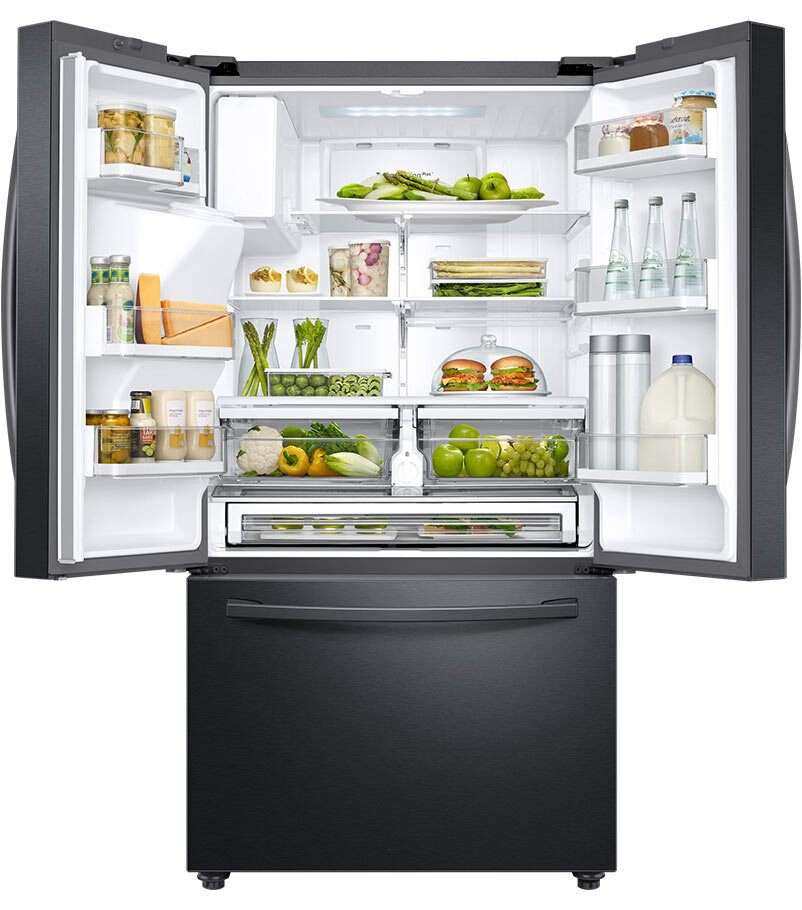 Wnętrze lodówki obrazujące rozmieszczenie przykładowych produktów Wnętrze lodówki obrazujące rozmieszczenie przykładowych produktów