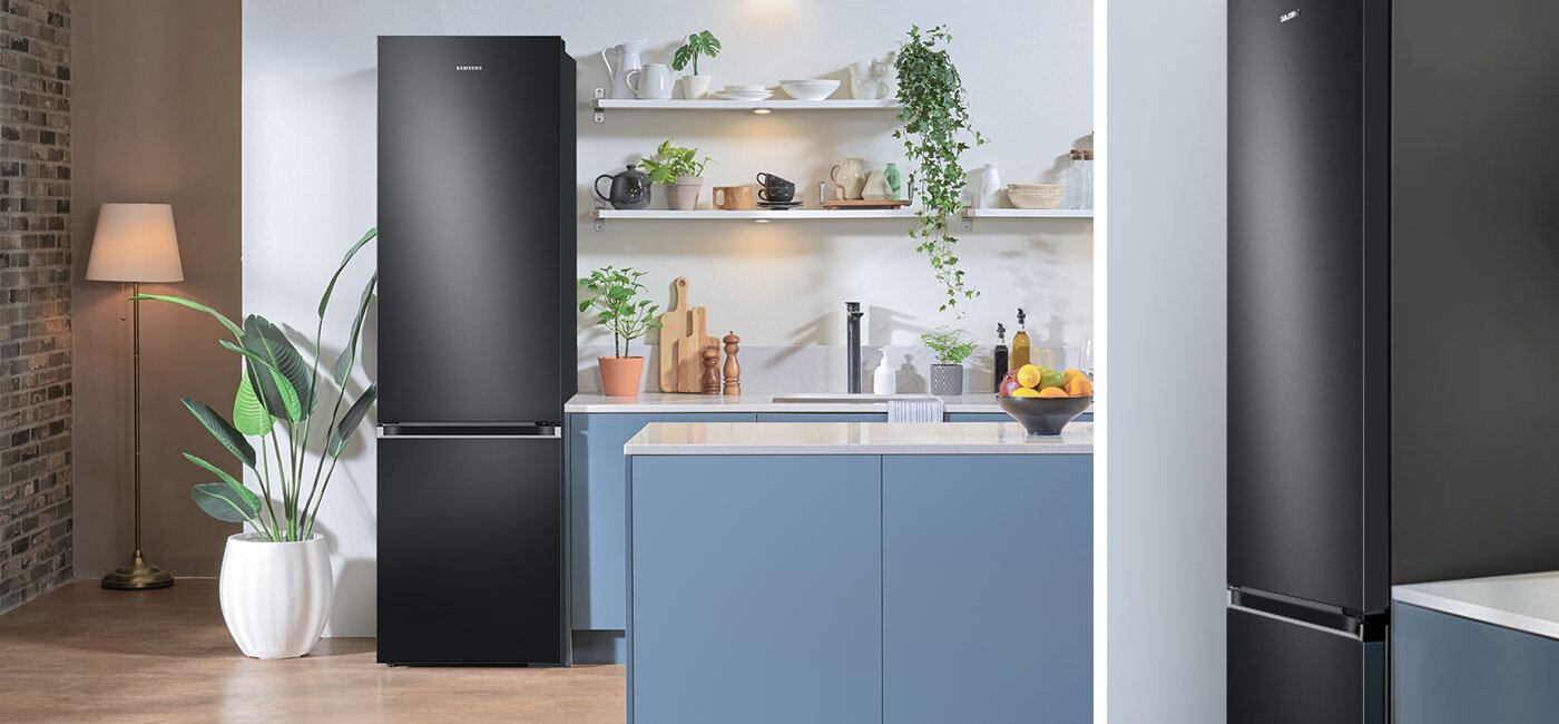 Nowoczesny design lodówki Samsung RB38T602EB1 i zbliżenie na dopracowane detale Nowoczesny design lodówki Samsung RB38T602EB1 i zbliżenie na dopracowane detale