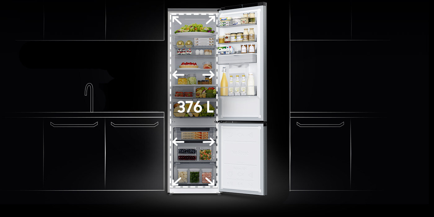 Ikona białej lodówki otwartej na oścież o pojemności 340 litrów Ikona białej lodówki otwartej na oścież o pojemności 340 litrów