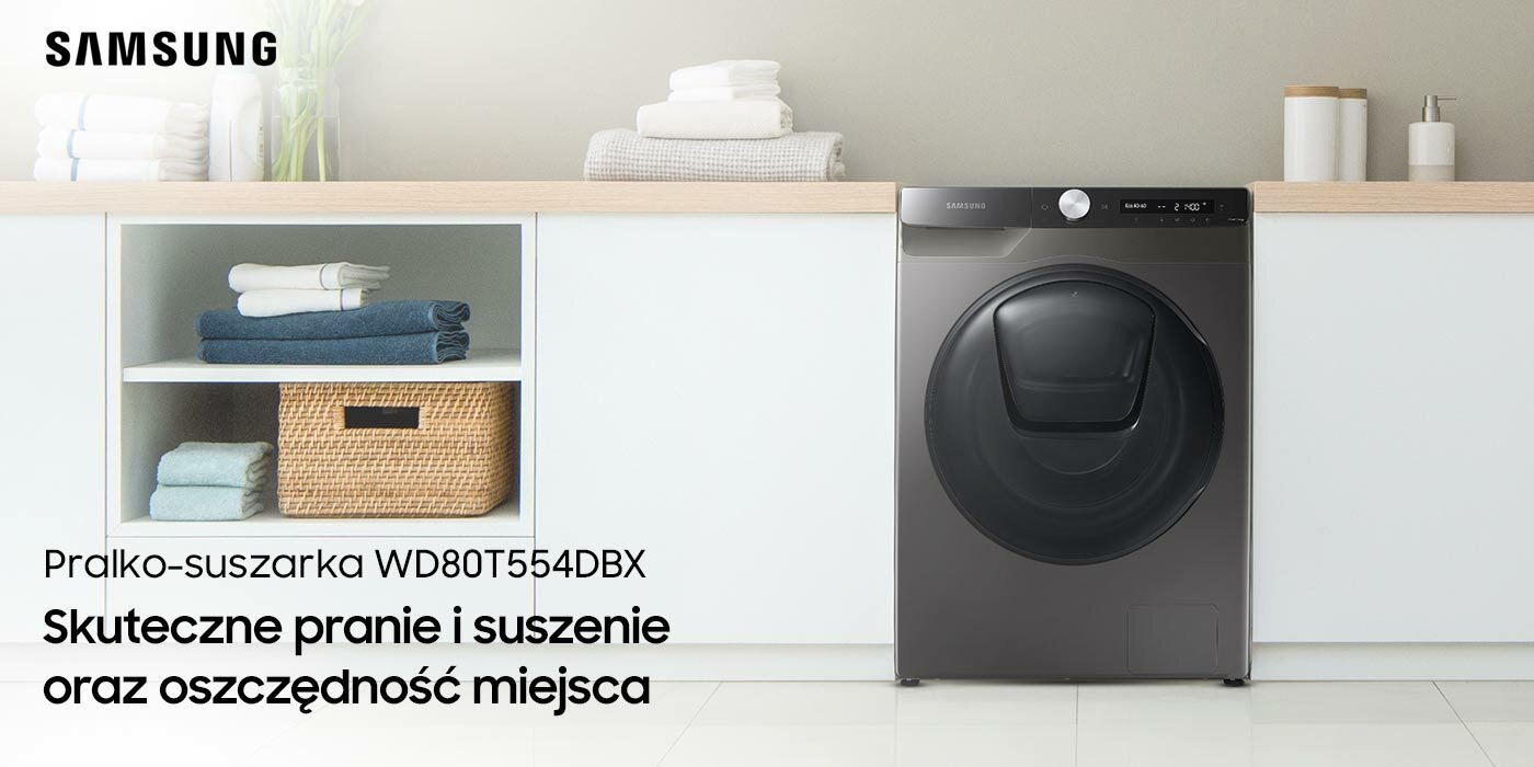 Pralko - suszarka Samsung znajduje się obok białej szafki Pralko - suszarka Samsung znajduje się obok białej szafki