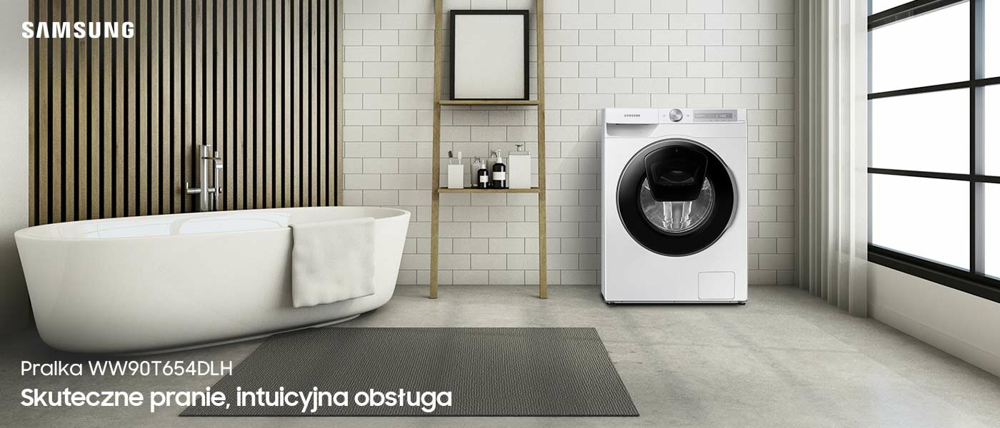 Nowoczesna łazienka z wanną i bambusowymi dodatkami z pralką Samsung Nowoczesna łazienka z wanną i bambusowymi dodatkami z pralką Samsung