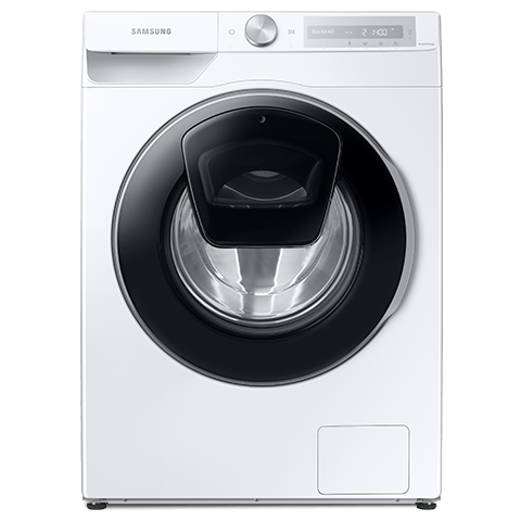 Przód białej pralki Samsung WW10T654DLH, która ma czarną ramę drzwi i dodatkowe drzwiczki AddWash Przód białej pralki Samsung WW10T654DLH, która ma czarną ramę drzwi i dodatkowe drzwiczki AddWash