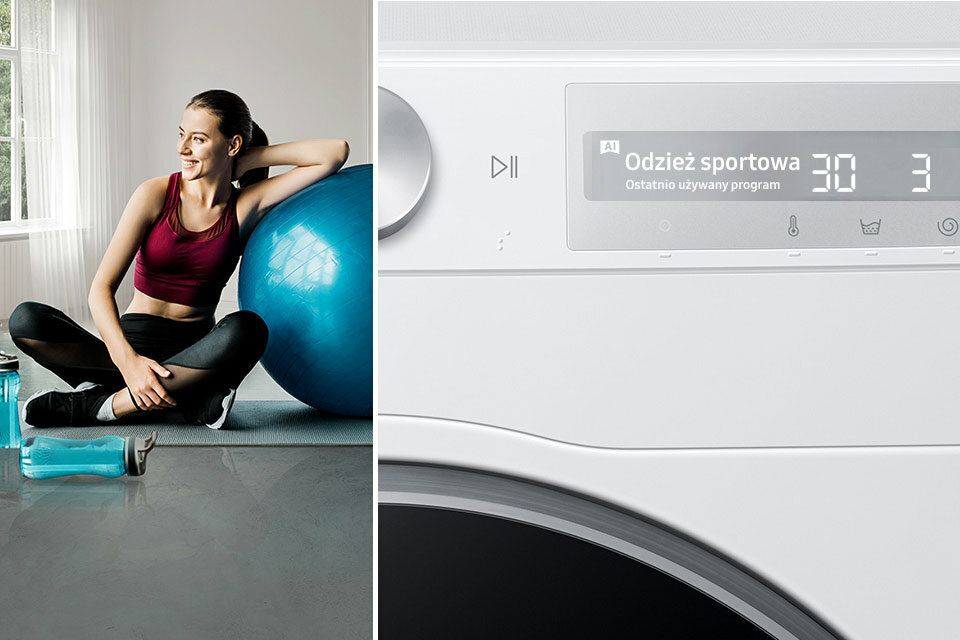 Kobieta siedząca na macie do ćwiczeń oraz pralka wyświetlająca program do prania odzieży sportowej Kobieta siedząca na macie do ćwiczeń oraz pralka wyświetlająca program do prania odzieży sportowej