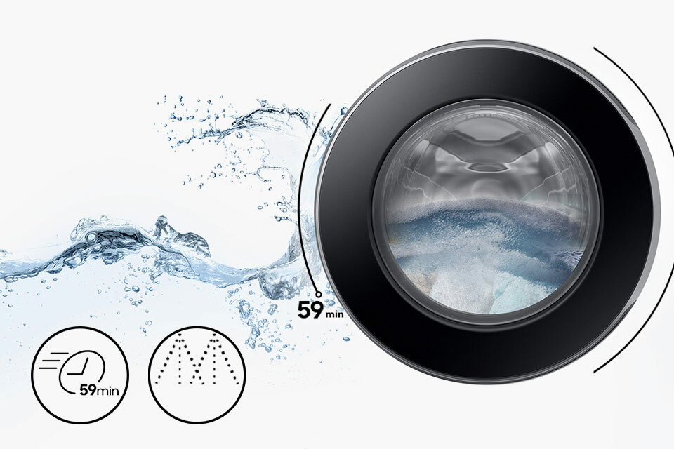 Bęben pralki zawieszony w przestrzeni z falą czystej wody i symbolami 59 minut oraz plukania Bęben pralki zawieszony w przestrzeni z falą czystej wody i symbolami 59 minut oraz plukania