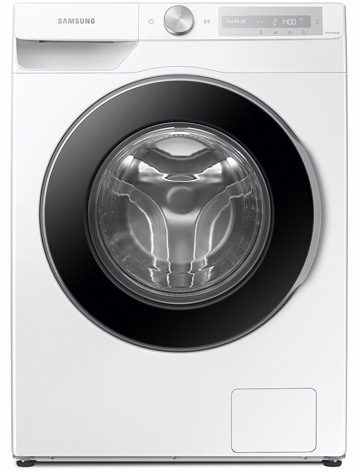 Przód białej pralki Samsung WW80T634DLH, która ma czarną ramę drzwi Przód białej pralki Samsung WW80T634DLH, która ma czarną ramę drzwi