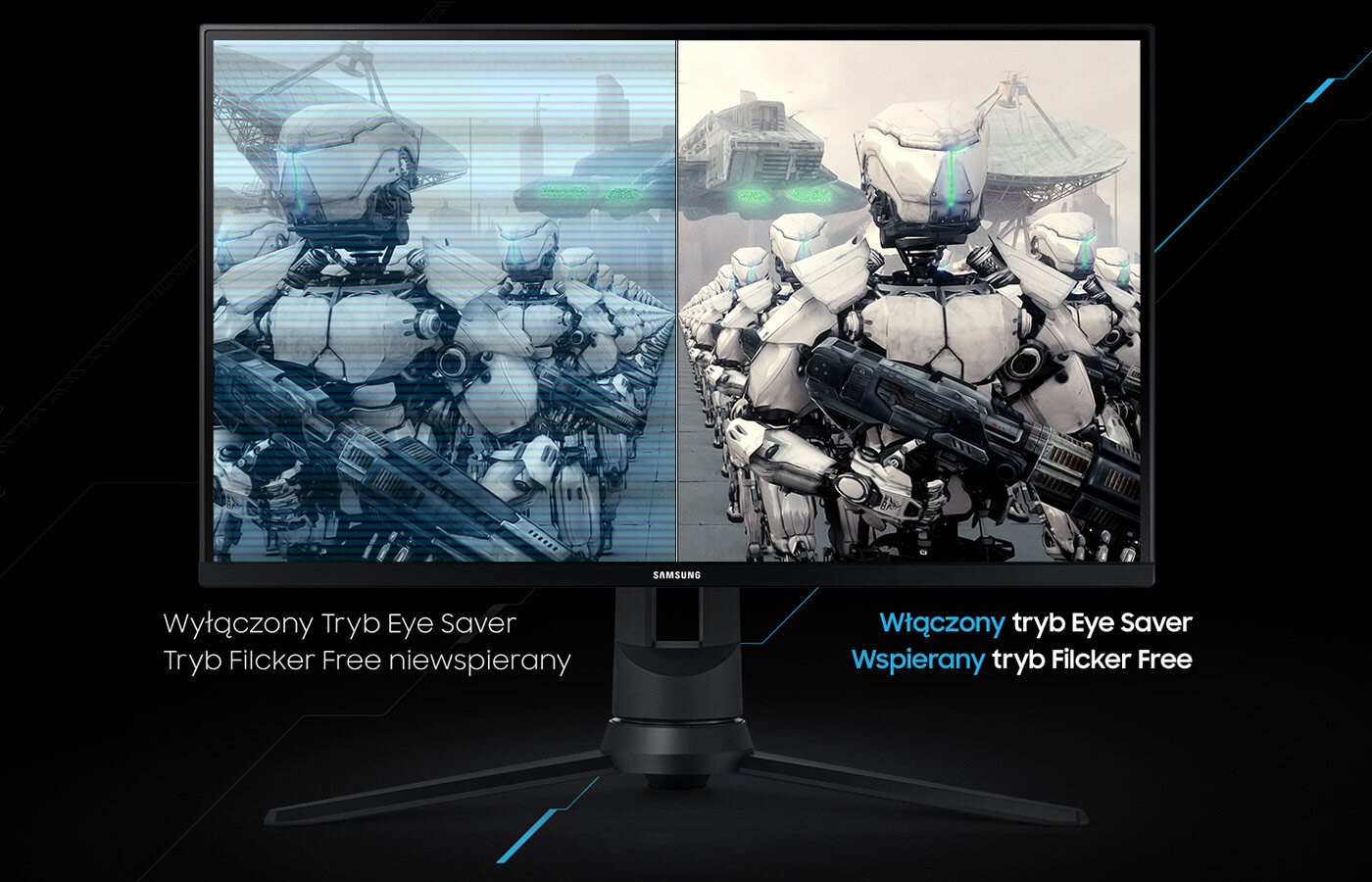 Monitor z włączoną funkcją Flicker Free i Eye Saver Mode na prawej połowie i wyłączoną na lewej Monitor z włączoną funkcją Flicker Free i Eye Saver Mode na prawej połowie i wyłączoną na lewej