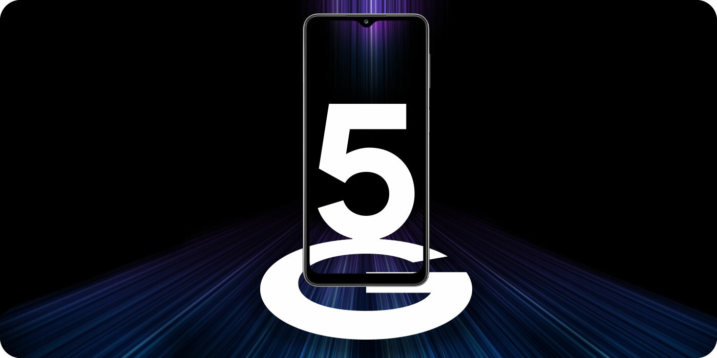 Telefon Samsung Galaxy A32 w czarno-fioletowej przestrzeni i napis 5G Telefon Samsung Galaxy A32 w czarno-fioletowej przestrzeni i napis 5G