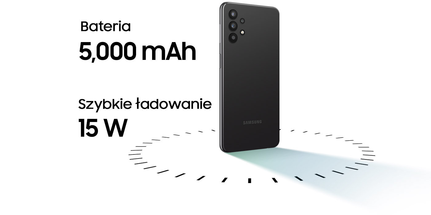 Czarny telefon Galaxy A32 i napis Czarny telefon Galaxy A32 i napis