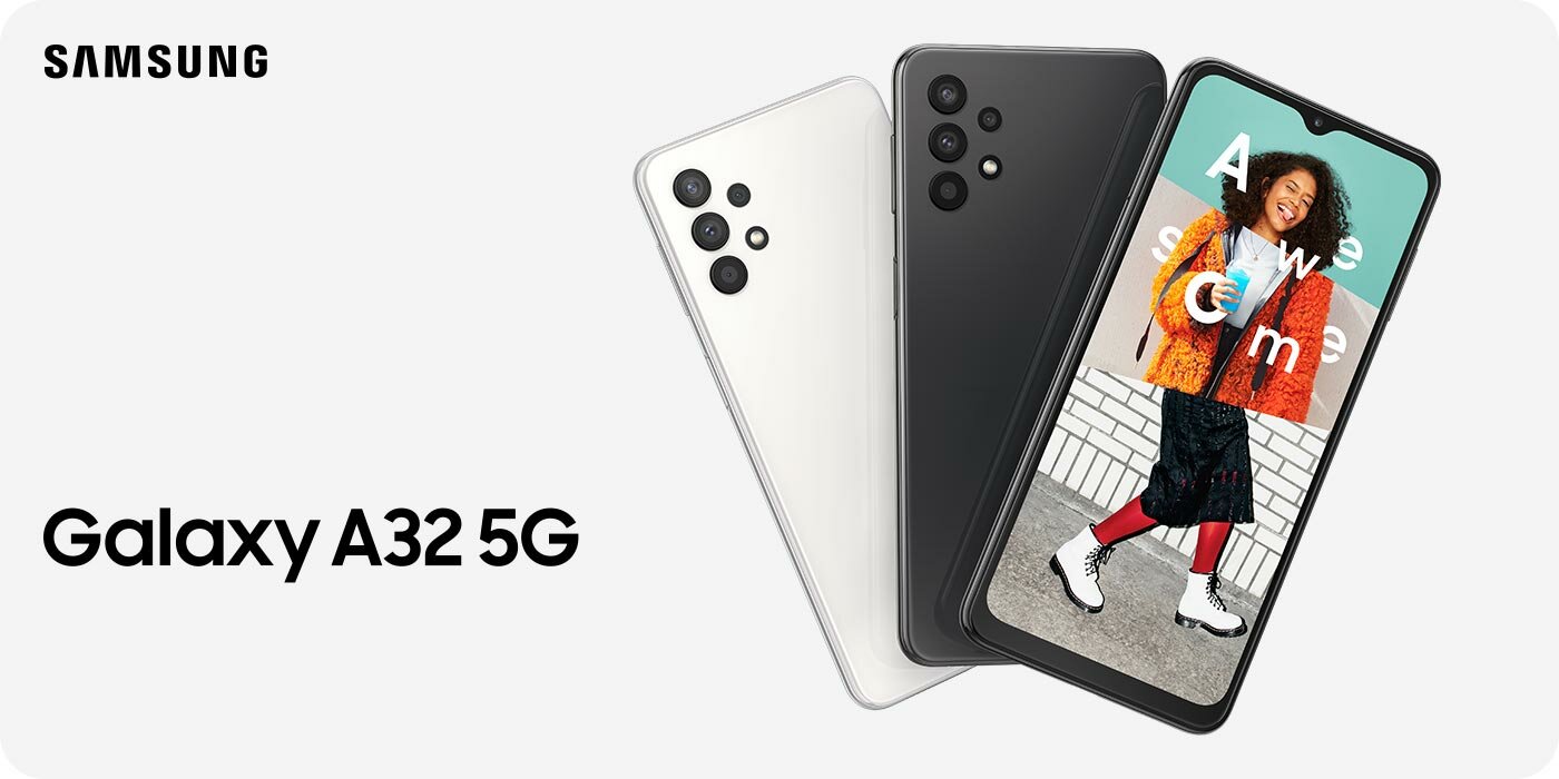 Trzy telefony Samsung Galaxy A32 - dwa z tyłu jeden od przodu Trzy telefony Samsung Galaxy A32 - dwa z tyłu jeden od przodu