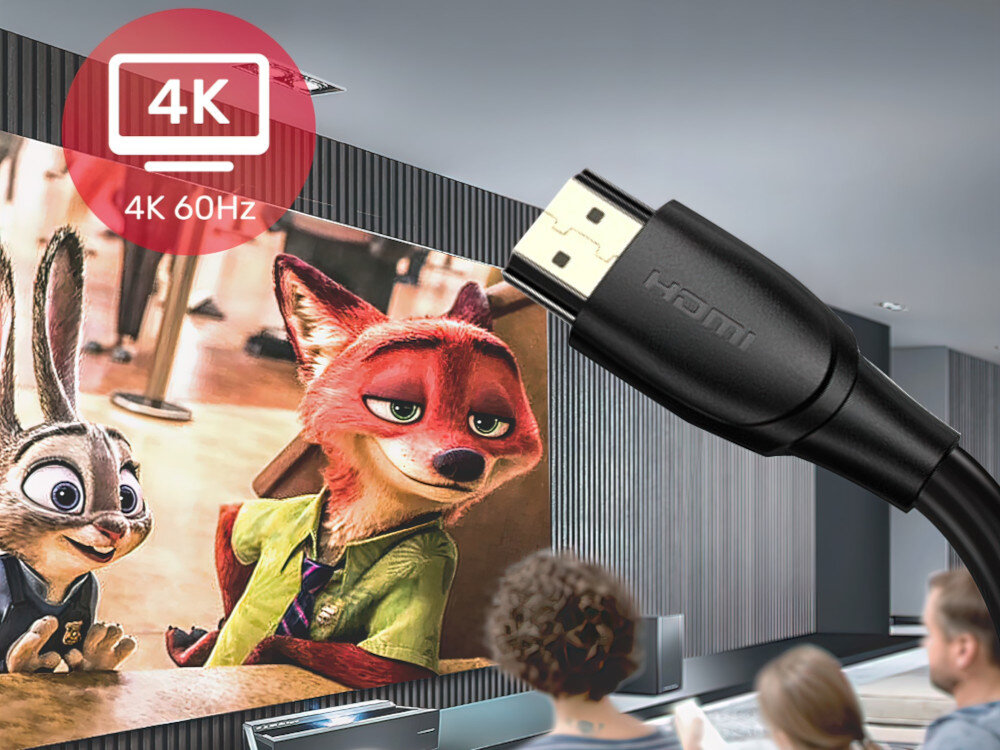 Kabel HDMI - HDMI UNITEK 10 m - Wysoka prędkość, rodzina oglądająca film animowany, kabel ukazany na pierwszym planie