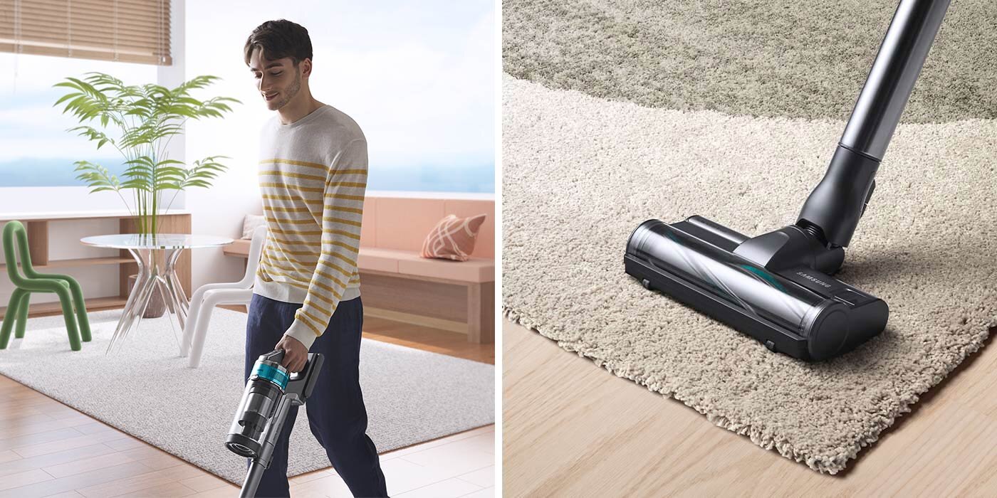 zdjęcie mężczyzny sprzątającego z pomocą odkurzacza samsung zdjęcie mężczyzny sprzątającego z pomocą odkurzacza samsung
