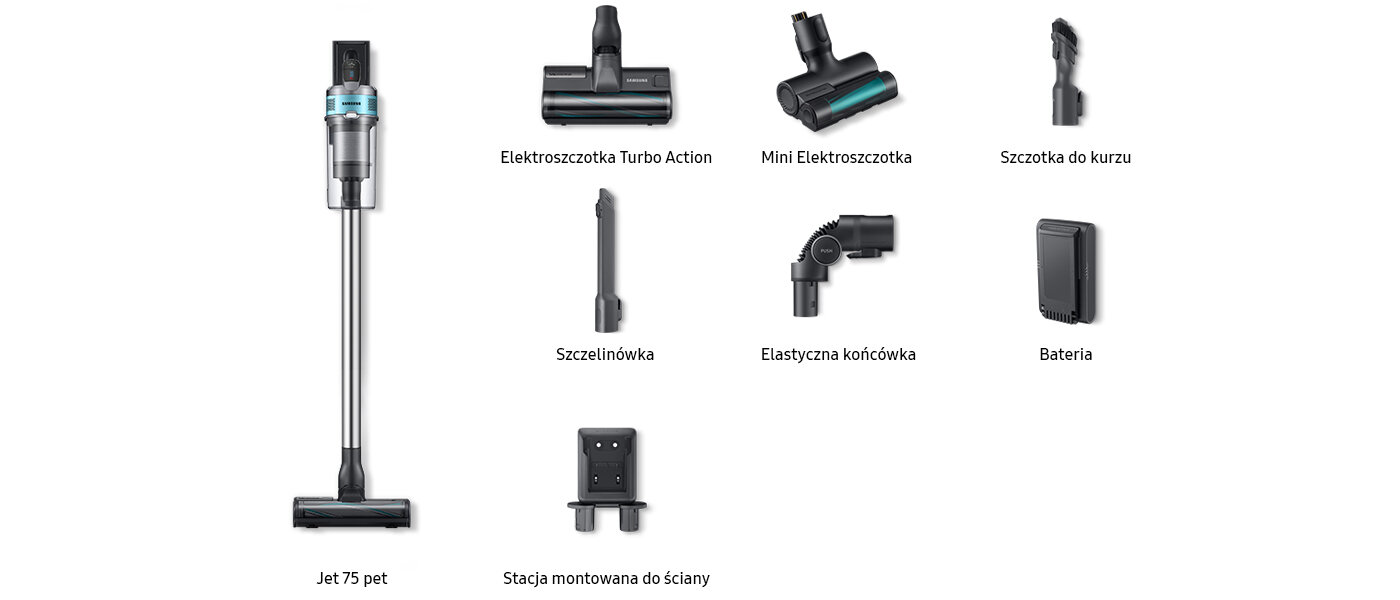 Na grafice przedstawiono komplet akcesoriów do odkurzacza Samsung Jet 75 pet znajdującego się w ofercie sieci sklepów Media Expert Na grafice przedstawiono komplet akcesoriów do odkurzacza Samsung Jet 75 pet znajdującego się w ofercie sieci sklepów Media Expert