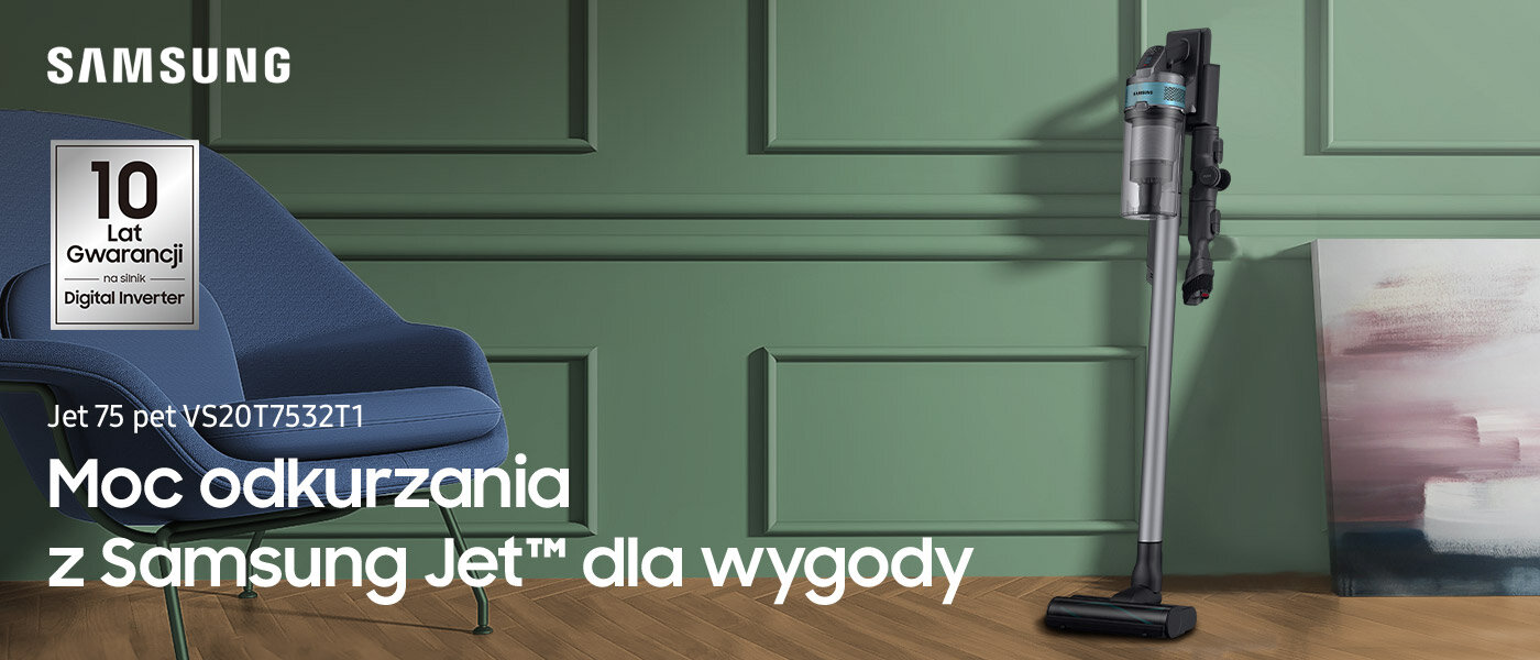 Zdjęcie przedstawia wielofunkcyjny odkurzacz bezprzewodowy Samsung Jet 75 pet VS20T7532T1/GE dostępny w ofercie sklepów Media Expert Zdjęcie przedstawia wielofunkcyjny odkurzacz bezprzewodowy Samsung Jet 75 pet VS20T7532T1/GE dostępny w ofercie sklepów Media Expert