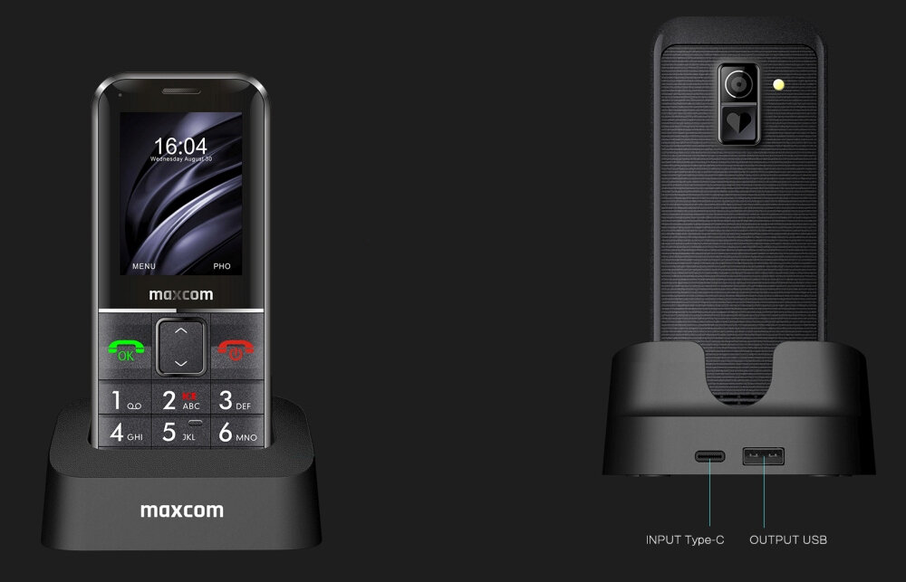 Telefon MAXCOM Comfort MM735 Czarny + opaska SOS telefon podstawka ładowarka wygoda bezpieczeństwo wygoda przyciski latarka kontrast