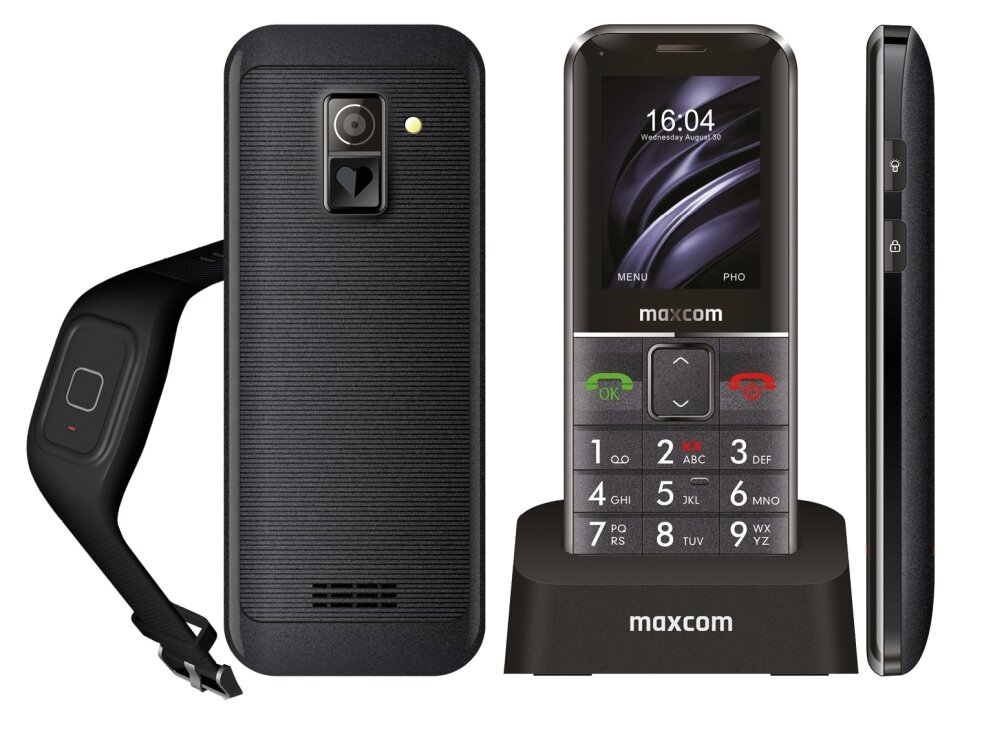Telefon MAXCOM Comfort MM735 Czarny + opaska SOS telefon podstawka ładowarka wygoda bezpieczeństwo wygoda przyciski latarka kontrast