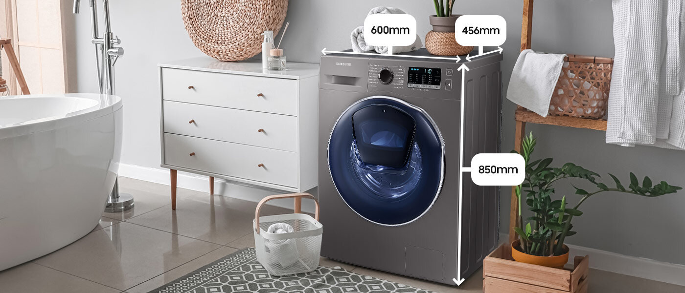 Na zdjęciu dostępna w Media Expert pralko-suszarka Samsung WD8NK52E0ZX w wersji slim, czyli 46 cm głębokości wraz z opisem jej wymiarów Na zdjęciu dostępna w Media Expert pralko-suszarka Samsung WD8NK52E0ZX w wersji slim, czyli 46 cm głębokości wraz z opisem jej wymiarów