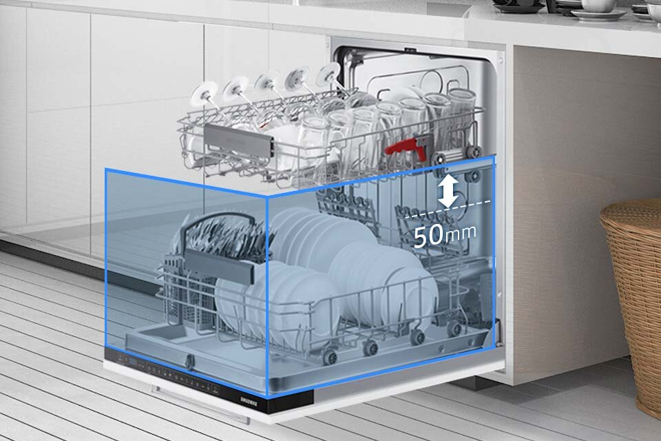 Regulacja górnego kosza pozwala na oszczędność przestrzeni Regulacja górnego kosza pozwala na oszczędność przestrzeni