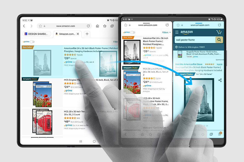Steruj ułożeniem aplikacji na ekranie Samsung Z Fold3 5G łatwo i wygodnie poprzez ich przeciąganie. Steruj ułożeniem aplikacji na ekranie Samsung Z Fold3 5G łatwo i wygodnie poprzez ich przeciąganie.
