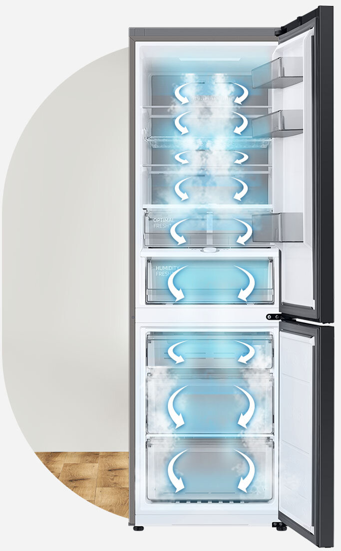 Wizualizacja otwartego i pustego modelu RB34A7B5CAP. Niebieskie strzałki obecne na ilustracji reprezentują ruch zimnego powietrza wewnątrz urządzenia. Wizualizacja otwartego i pustego modelu RB34A7B5CAP. Niebieskie strzałki obecne na ilustracji reprezentują ruch zimnego powietrza wewnątrz urządzenia.