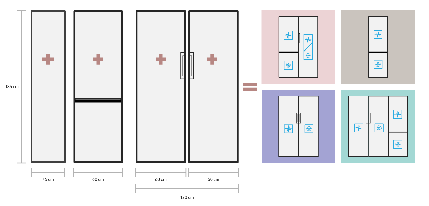 Lodówki, które mają 185 cm, da się łączyć z innymi urządzeniami BESPOKE o identycznej wysokości. Obrazuje to załączony schemat. Lodówki, które mają 185 cm, da się łączyć z innymi urządzeniami BESPOKE o identycznej wysokości. Obrazuje to załączony schemat.