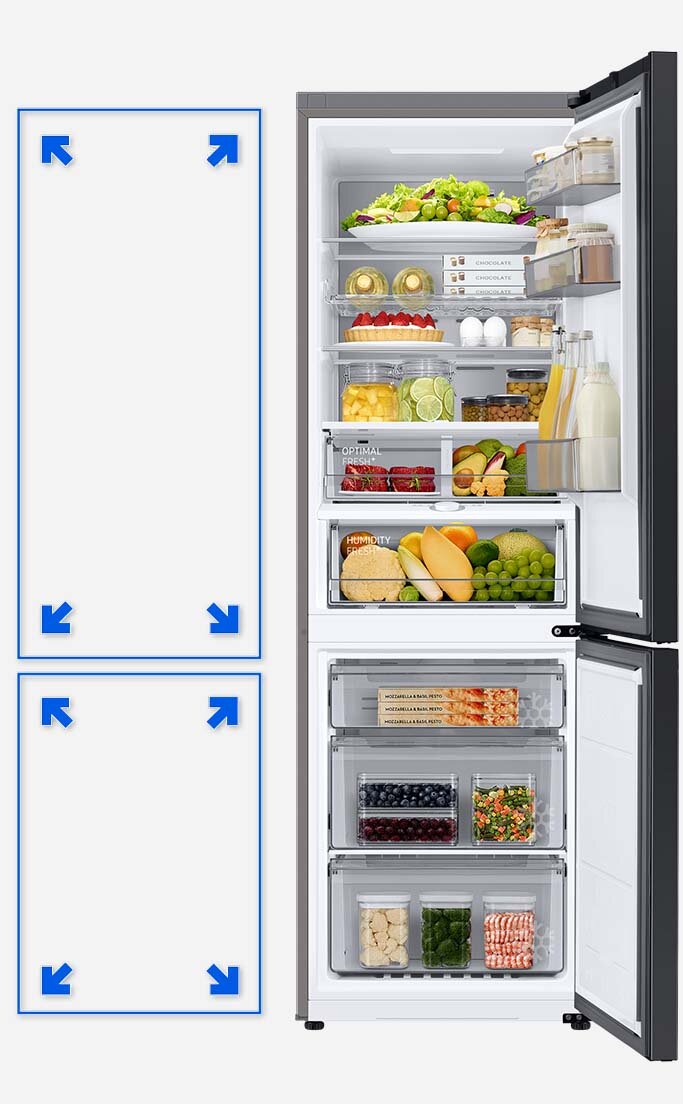 Ilustracja efektu, który można uzyskać, wykorzystując technologię SpaceMax™. Dzięki niej wnętrze lodówki zostaje dobrze zorganizowane i w urządzeniu nie występuje niepotrzebny ścisk. Ilustracja efektu, który można uzyskać, wykorzystując technologię SpaceMax™. Dzięki niej wnętrze lodówki zostaje dobrze zorganizowane i w urządzeniu nie występuje niepotrzebny ścisk.