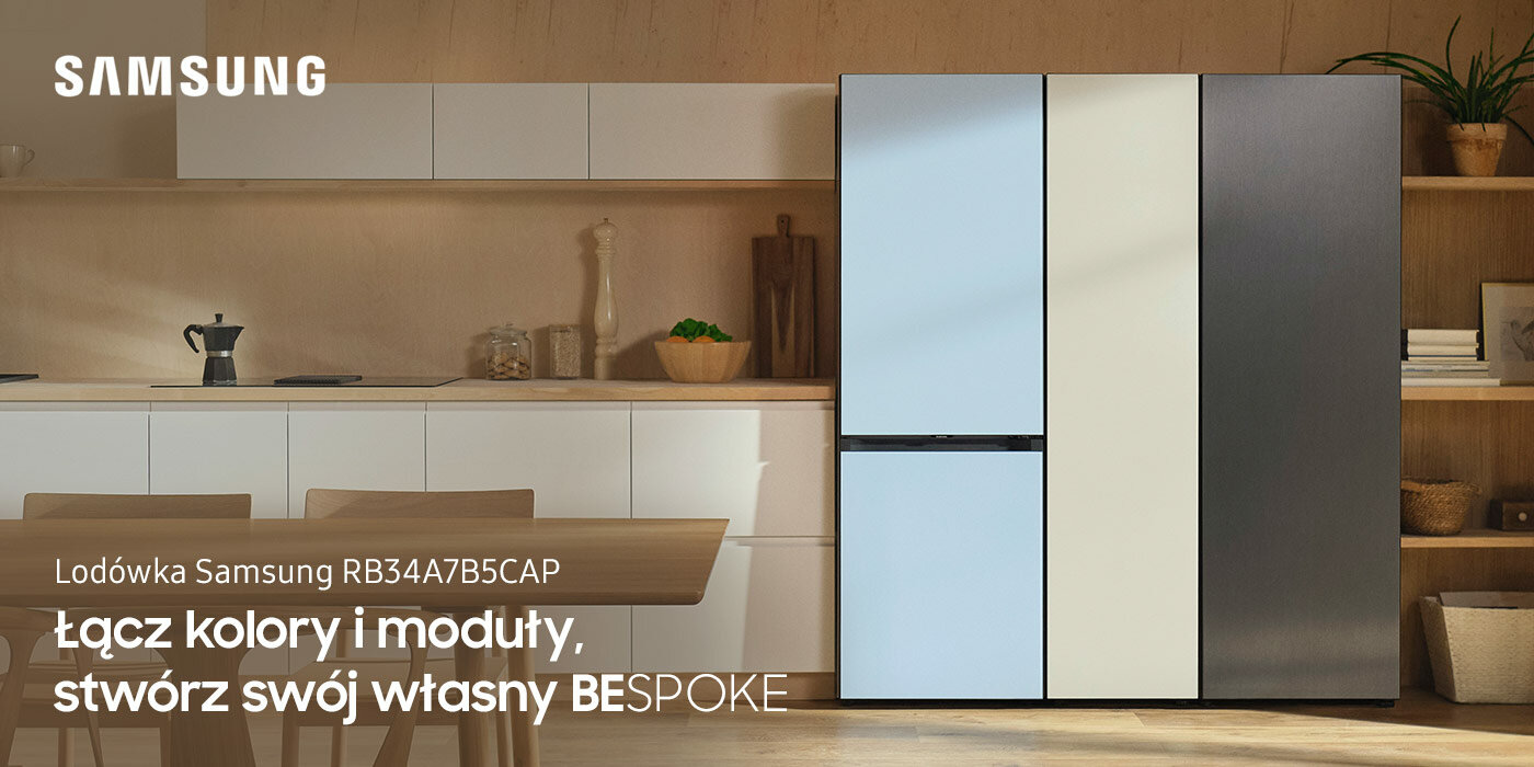 Zdjęcie przedstawia przestronną kuchnię z trzema urządzeniami Samsung BESPOKE, wśród których jest również model RB34A7B5CAP. Lodówkę kupisz w sieci Media Expert. Zdjęcie przedstawia przestronną kuchnię z trzema urządzeniami Samsung BESPOKE, wśród których jest również model RB34A7B5CAP. Lodówkę kupisz w sieci Media Expert.