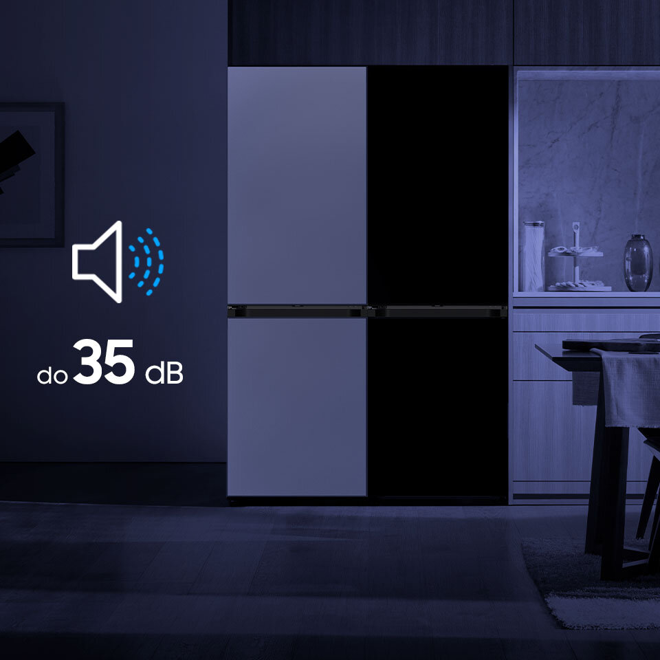 Zdjęcie dwóch lodówek BESPOKE, które dzięki niemal bezgłośnej pracy nie zakłócają ciszy nocnej i nie zaburzają spokoju domowników. Zdjęcie dwóch lodówek BESPOKE, które dzięki niemal bezgłośnej pracy nie zakłócają ciszy nocnej i nie zaburzają spokoju domowników.