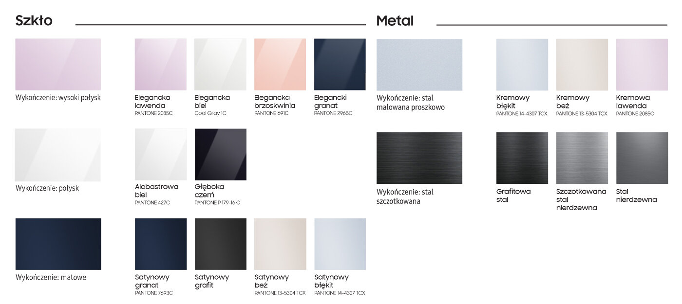 Wzornik z dostępnymi wariantami kolorystycznymi i materiałowymi, w których mogą występować panele lodówek Samsung BESPOKE. Wzornik z dostępnymi wariantami kolorystycznymi i materiałowymi, w których mogą występować panele lodówek Samsung BESPOKE.