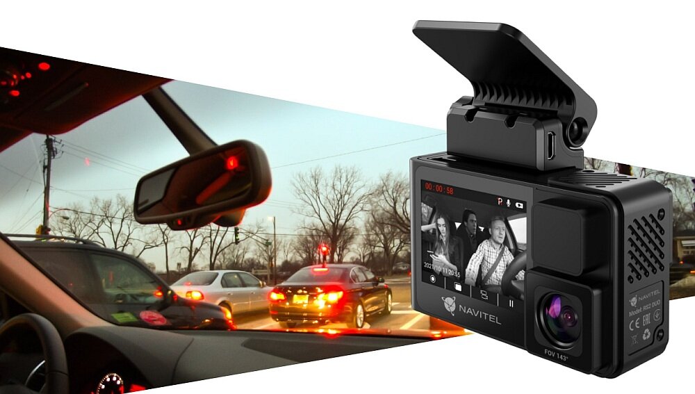 Wideorejestrator NAVITEL RS2 Duo obraz nagrywanie rozdzielczość czujnik matryca obiektyw droga samochód montaż zasilanie 