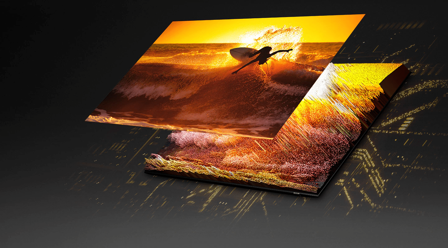 Dzięki Quantum Mini LED i mikrowarstwie wizerunek surfera na ekranie wyświetlany jest w każdym detalu bardzo wyraźnie, zarówno w jasnych, jak ciemnych obszarach Dzięki Quantum Mini LED i mikrowarstwie wizerunek surfera na ekranie wyświetlany jest w każdym detalu bardzo wyraźnie, zarówno w jasnych, jak ciemnych obszarach