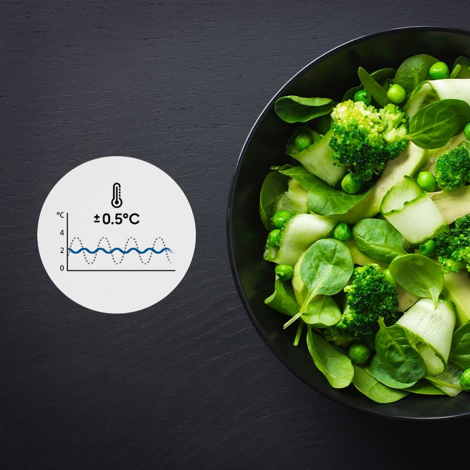 Zdjęcie zielonych warzyw wyglądających na świeże dzięki przechowywaniu ich w lodówce ze zminimalizowanymi wahaniami temperatury Zdjęcie zielonych warzyw wyglądających na świeże dzięki przechowywaniu ich w lodówce ze zminimalizowanymi wahaniami temperatury