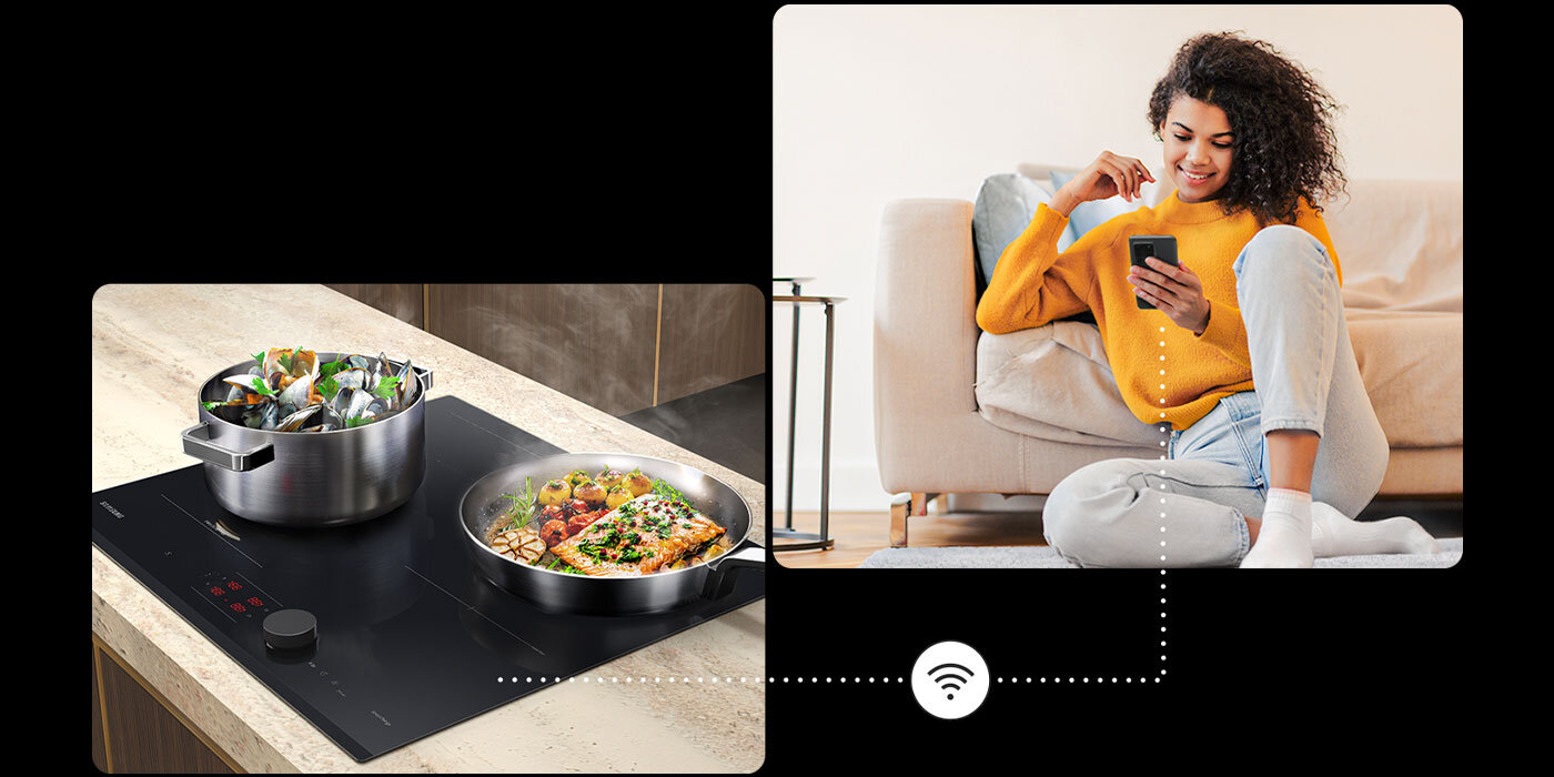 Zdjęcie kobiety ze smartfonem pokazuje możliwość kontroli pracy płyty w aplikacji mobilnej SmartThings od Samsung Zdjęcie kobiety ze smartfonem pokazuje możliwość kontroli pracy płyty w aplikacji mobilnej SmartThings od Samsung