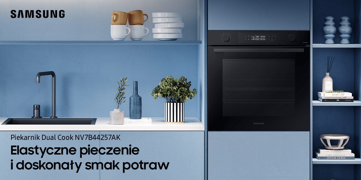 Dostępny w ofercie Media Expert piekarnik Dual Cook Samsung NV7B44257AK został pokazany w niebieskiej nowoczesnej zabudowie kuchennej Dostępny w ofercie Media Expert piekarnik Dual Cook Samsung NV7B44257AK został pokazany w niebieskiej nowoczesnej zabudowie kuchennej