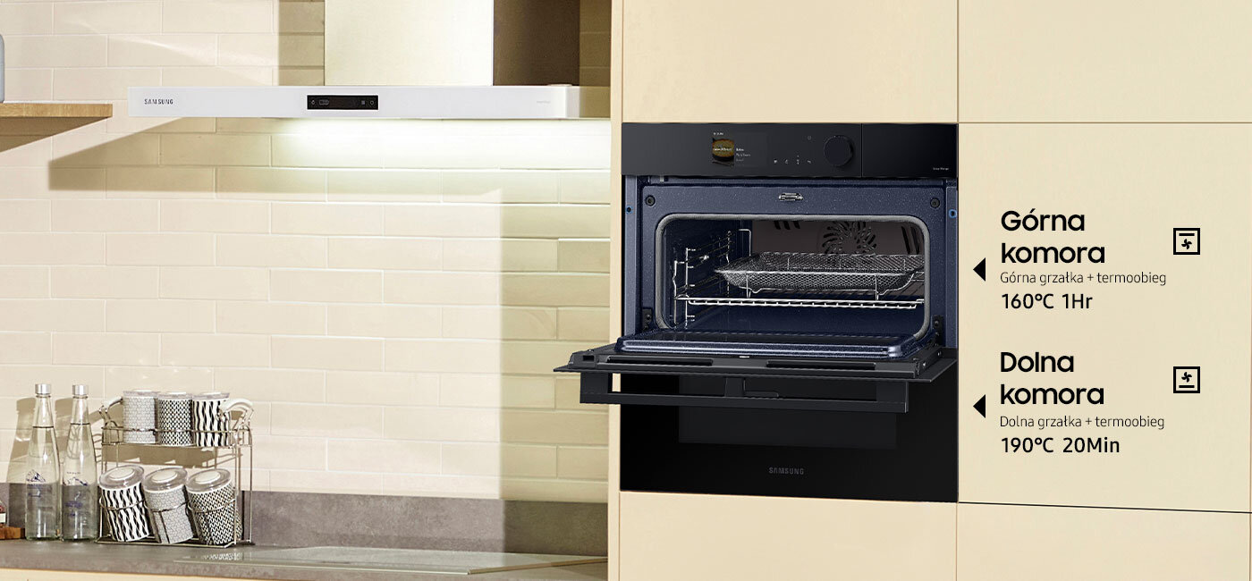 Na zdjęciu przedstawiony jest piekarnik Samsung, który dzięki wykorzystaniu rozwiązania Dual Cook Flex™ może mieć otwartą górną komorę i zamkniętą dolną komorę. Na zdjęciu przedstawiony jest piekarnik Samsung, który dzięki wykorzystaniu rozwiązania Dual Cook Flex™ może mieć otwartą górną komorę i zamkniętą dolną komorę.