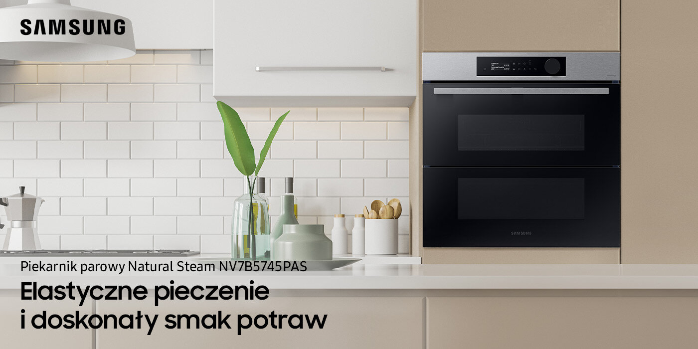 Piekarnik Samsung NV7B5745PAS/U2 dostępny w ofercie sklepów Media Expert został przedstawiony na grafice w ciągu zabudowy meblowej w kremowym kolorze Piekarnik Samsung NV7B5745PAS/U2 dostępny w ofercie sklepów Media Expert został przedstawiony na grafice w ciągu zabudowy meblowej w kremowym kolorze