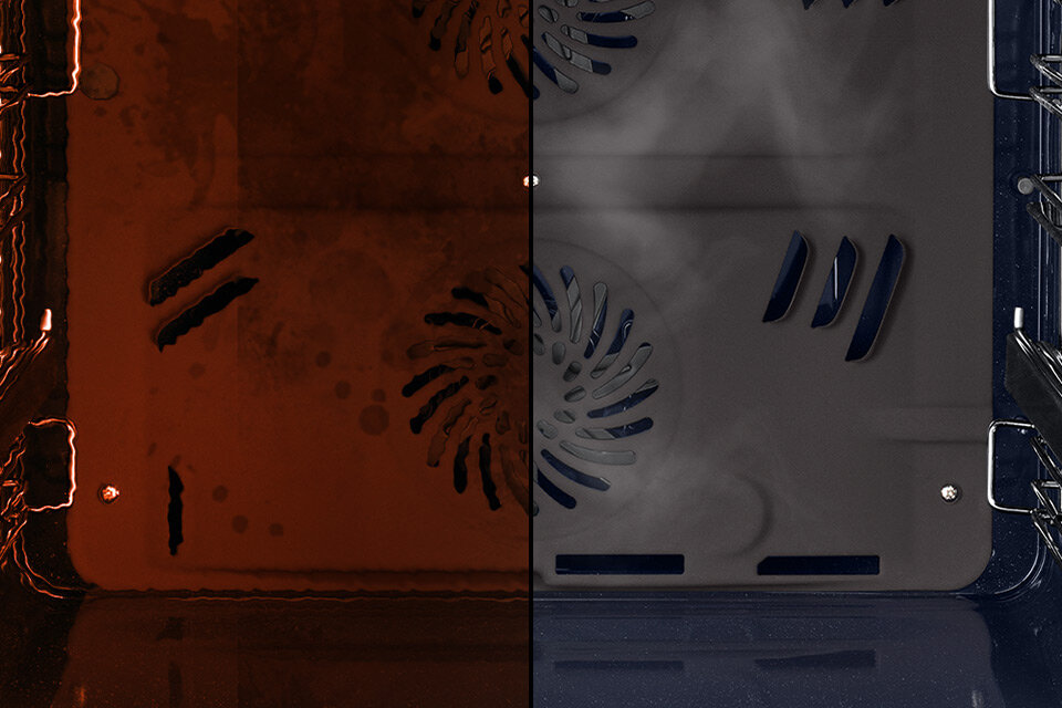 Widoczne na zdjęciu rozgrzane wnętrze piekarnika ilustruje czyszczenie katalityczne Widoczne na zdjęciu rozgrzane wnętrze piekarnika ilustruje czyszczenie katalityczne