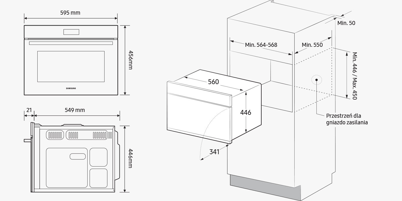 Wymiary kuchenki mikrofalowej do zabudowy Samsung NQ5B4313GBS przedstawione na rysunku technicznym Wymiary kuchenki mikrofalowej do zabudowy Samsung NQ5B4313GBS przedstawione na rysunku technicznym