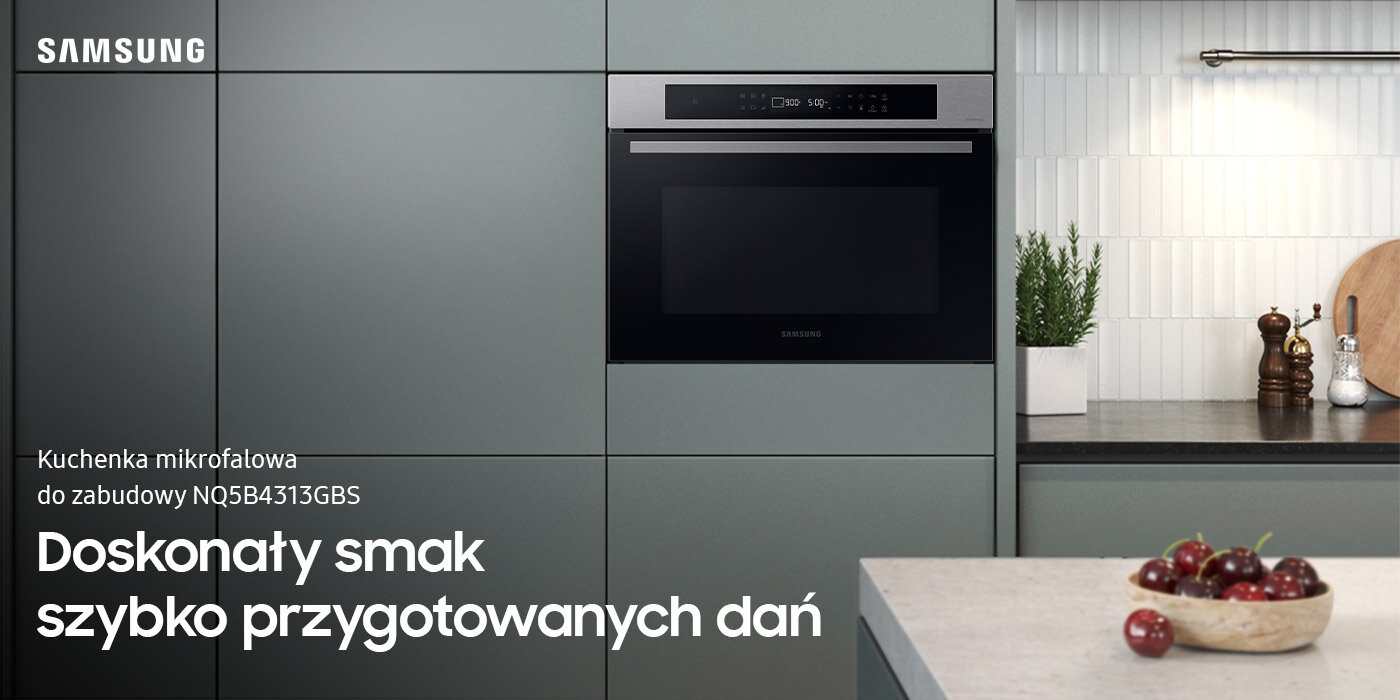 Srebrnoszara kuchnia, w której stoi kuchenka mikrofalowa do zabudowy NQ5B4313GBS. Urządzenie dostępne jest w ofercie sklepu Media Expert. Srebrnoszara kuchnia, w której stoi kuchenka mikrofalowa do zabudowy NQ5B4313GBS. Urządzenie dostępne jest w ofercie sklepu Media Expert.