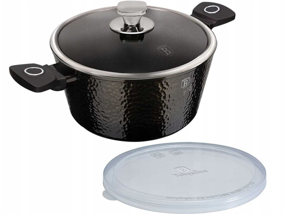 Garnek BERLINGER HAUS Primal Gloss Collection BH-6571 20 cm 2 pokrywki dokumentacja czarny garnek zamknięty pokrywką srebrne elementy obok lezy pokrywka z tworzywa białe tło