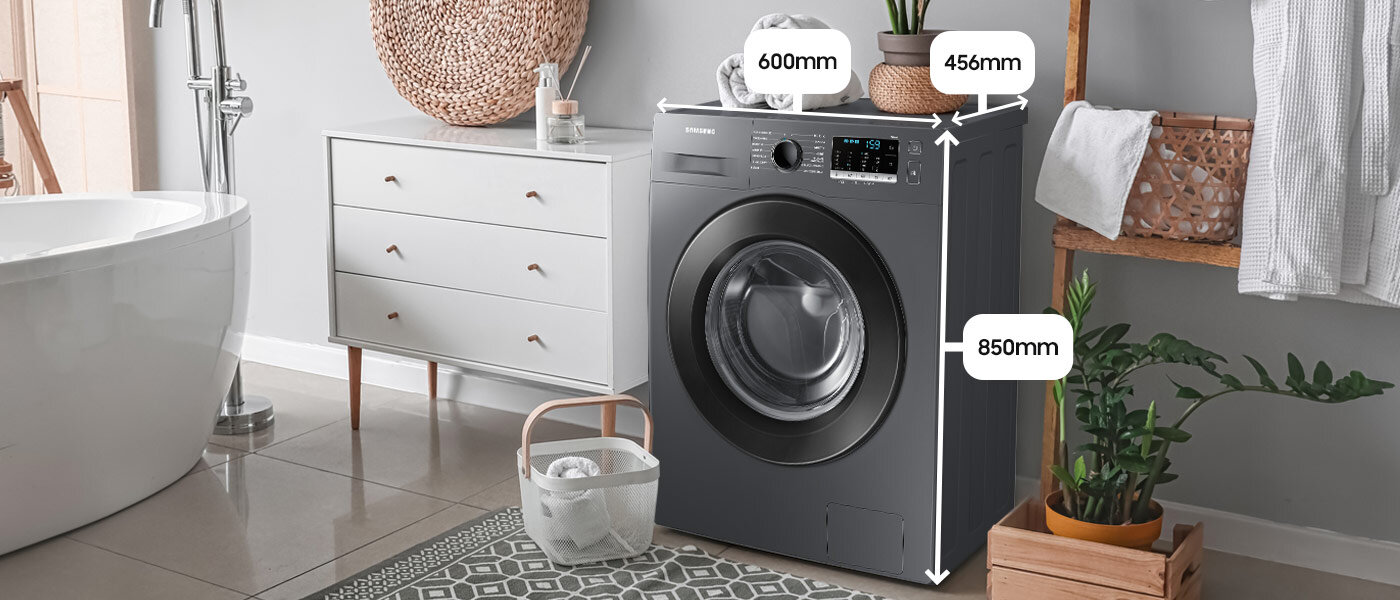Dostępna w Media Expert wąska pralka Samsung WW8NK52E0PX na zdjęciu z wymiarami Dostępna w Media Expert wąska pralka Samsung WW8NK52E0PX na zdjęciu z wymiarami