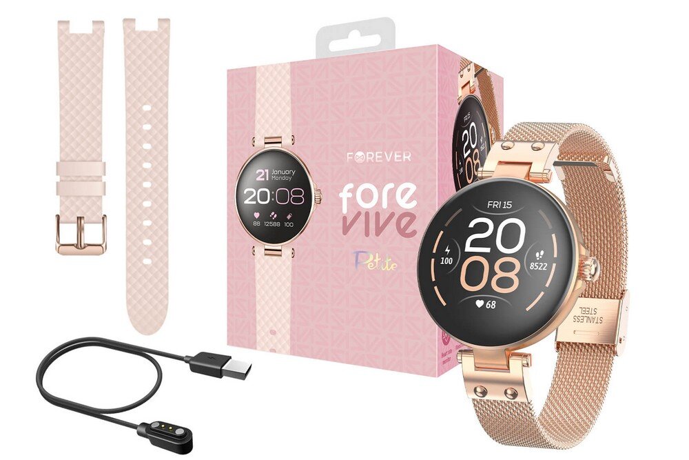 Smartwatch FOREVER Forevive Petite ekran bateria czujniki zdrowie sport pasek ładowanie pojemność rozdzielczość łączność sterowanie krew puls rozmowy smartfon aplikacja