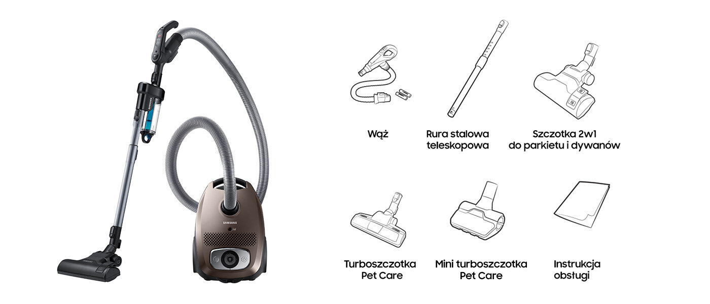 Elementy znajdujące się w opakowaniu razem z odkurzaczem Samsung VC079HNJGGD Elementy znajdujące się w opakowaniu razem z odkurzaczem Samsung VC079HNJGGD