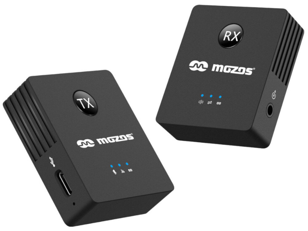 System bezprzewodowy MOZOS S9 stabilną transmisję do 20 metrów 300 mAh do 6 godzin zabezpieczenie przed nadmiernym rozładowaniem Dołączone kable
