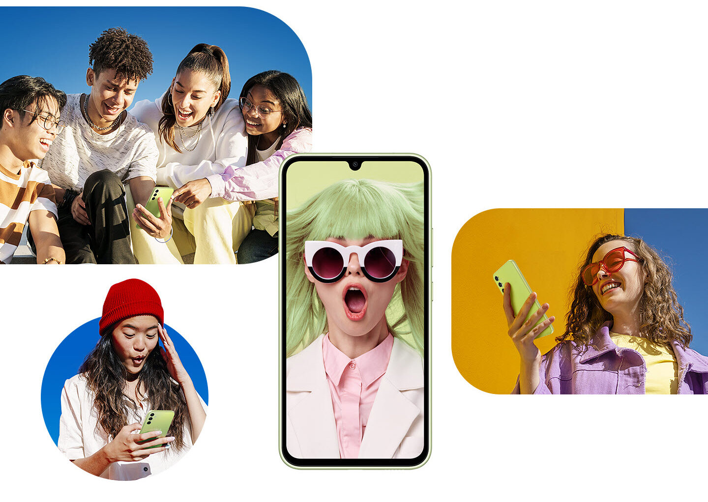 phpxjx85q sm-a346-02-display W centrum umieszczono Galaxy A34 5G, a na jego ekranie widać kobietę w ubraniach w jasnych, pastelowych kolorach i okularach przeciwsłonecznych. Wokół urządzenia znajduje się grupa przyjaciół i dwie kobiety, które patrzą na swoje urządzenia w jasnym świetle dziennym.