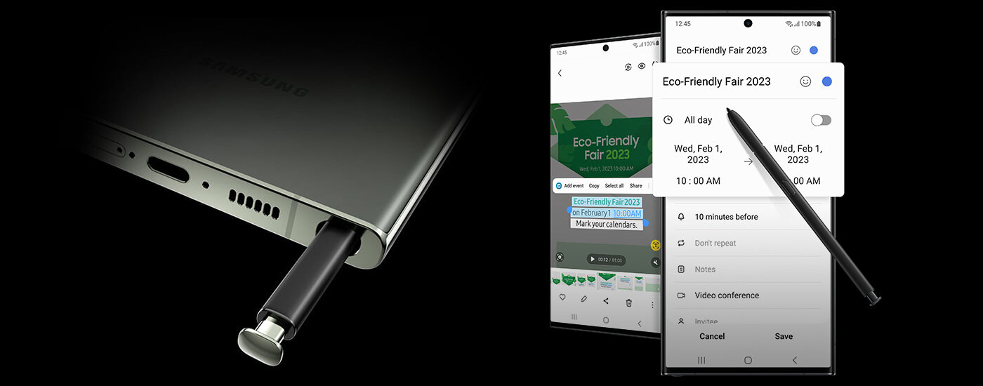 Galaxy S23 Ultra z wbudowanym rysikiem S Pen, którym pisze się i rysuje tak wygodnie, jak długopisem Galaxy S23 Ultra z wbudowanym rysikiem S Pen, którym pisze się i rysuje tak wygodnie, jak długopisem