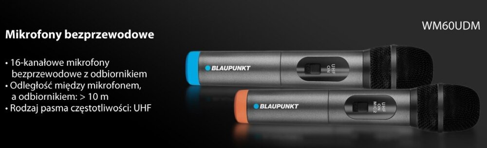 Mikrofon BLAUPUNKT WM60UDB zasięg przyjęcia teren sala częstotliwość UHF