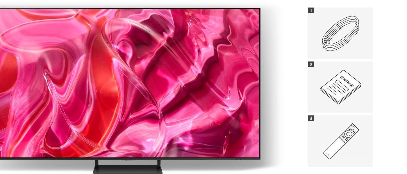Zawartość opakowania Samsung TV Oled 4K S90C została pokazana na grafice Zawartość opakowania Samsung TV Oled 4K S90C została pokazana na grafice