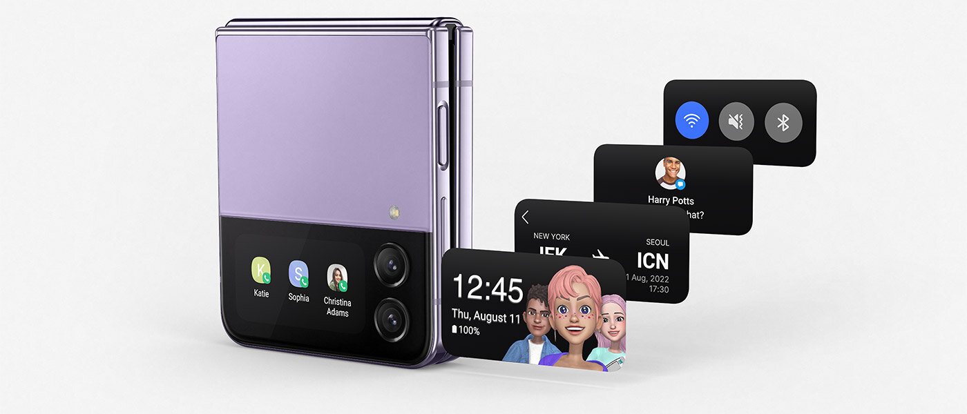 zobacz na zewnętrznym wyświetlaczu kto dzwoni, sprawdź powiadomienie czy stan naładowania baterii w Galaxy Z Flip4 zobacz na zewnętrznym wyświetlaczu kto dzwoni, sprawdź powiadomienie czy stan naładowania baterii w Galaxy Z Flip4